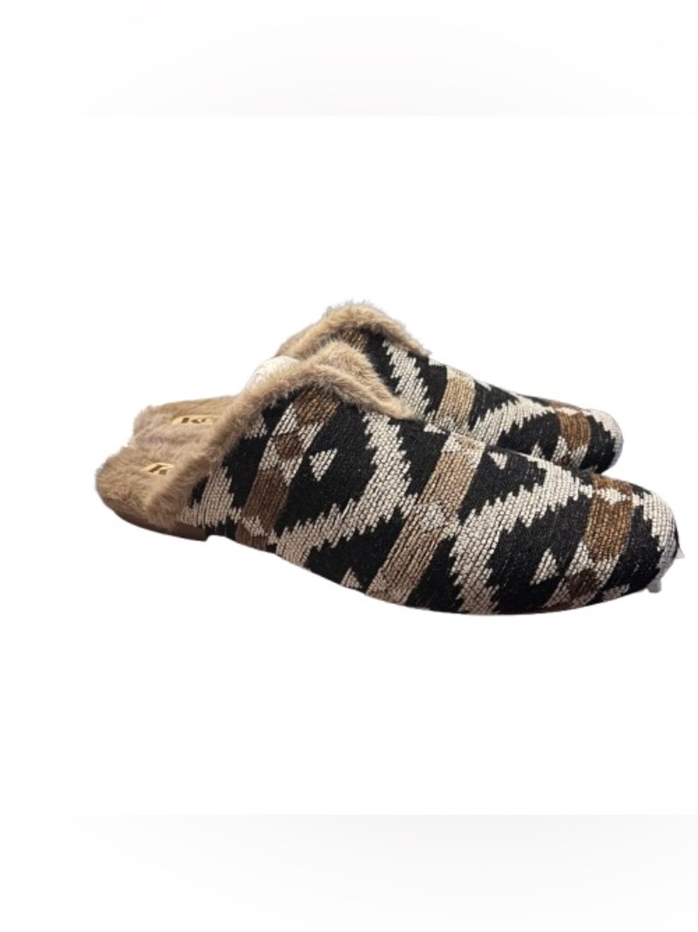 NIB Korks Nile Tan Woven Fabric Faux Fur Trim Mule Slipper 10 Cozycove